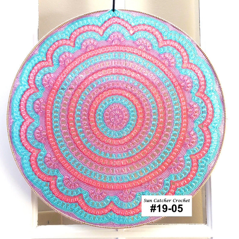 Colorful circular crochet pattern with 'Sun Catcher Crochet' branding on a white background