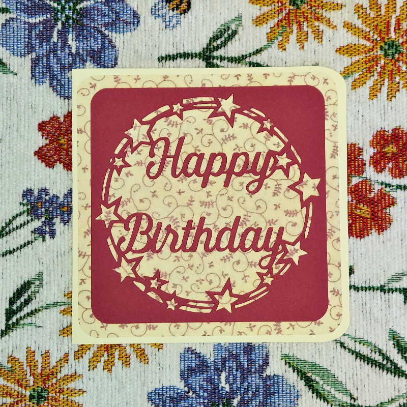 Happy Birthday card on a floral fabric background