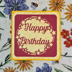 Happy Birthday card with decorative stars on a floral background