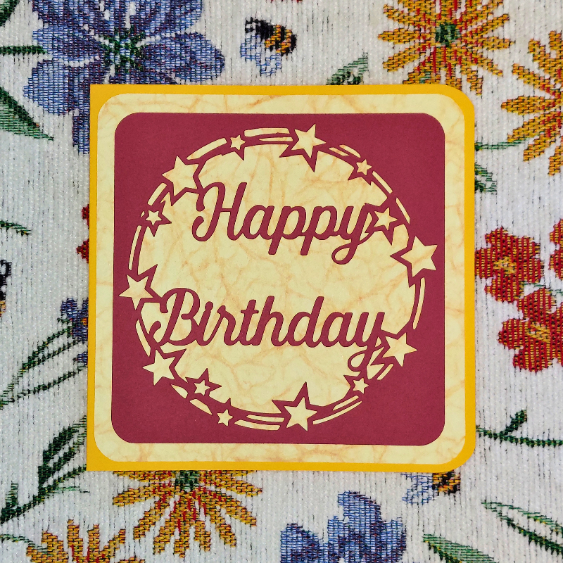 Happy Birthday card with decorative stars on a floral background