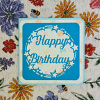 Blue 'Happy Birthday' card with star design on a floral-patterned background