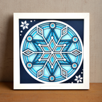 Decorative snowflake design on a blue background with a white border, displayed on a wooden surface.