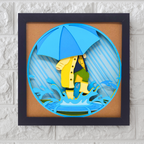 Framed artwork of a person with an umbrella and raincoat on a textured wall background