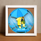 Framed artwork of a person in a raincoat and boots with a blue umbrella on a brown background