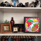 Shelf with vintage cameras, decorative items, and books