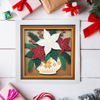 Framed paper art of Christmas flowers on a wooden surface with gift boxes and candy canes.