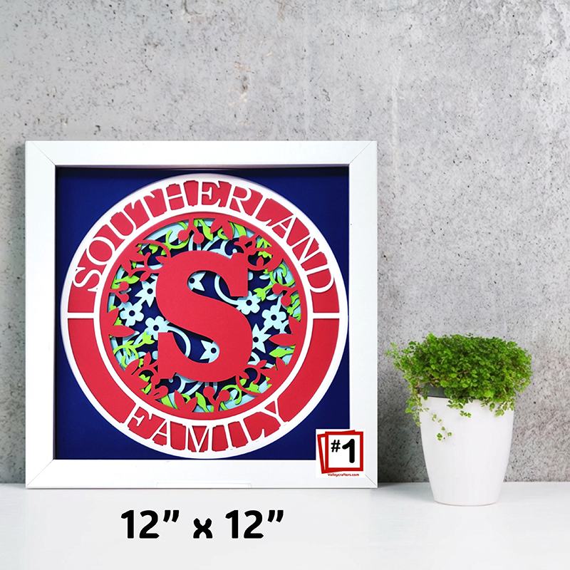 Framed artwork with a red 'S' and floral design on a blue background, placed on a gray surface with a plant.