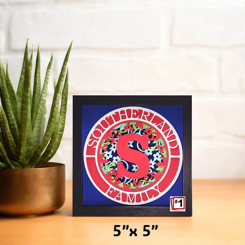 Framed artwork with a colorful letter 'S' design on a blue background, placed on a wooden surface next to a plant.