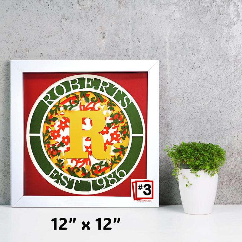 Framed artwork with a decorative 'R' design on a red background, placed on a gray surface with a plant.