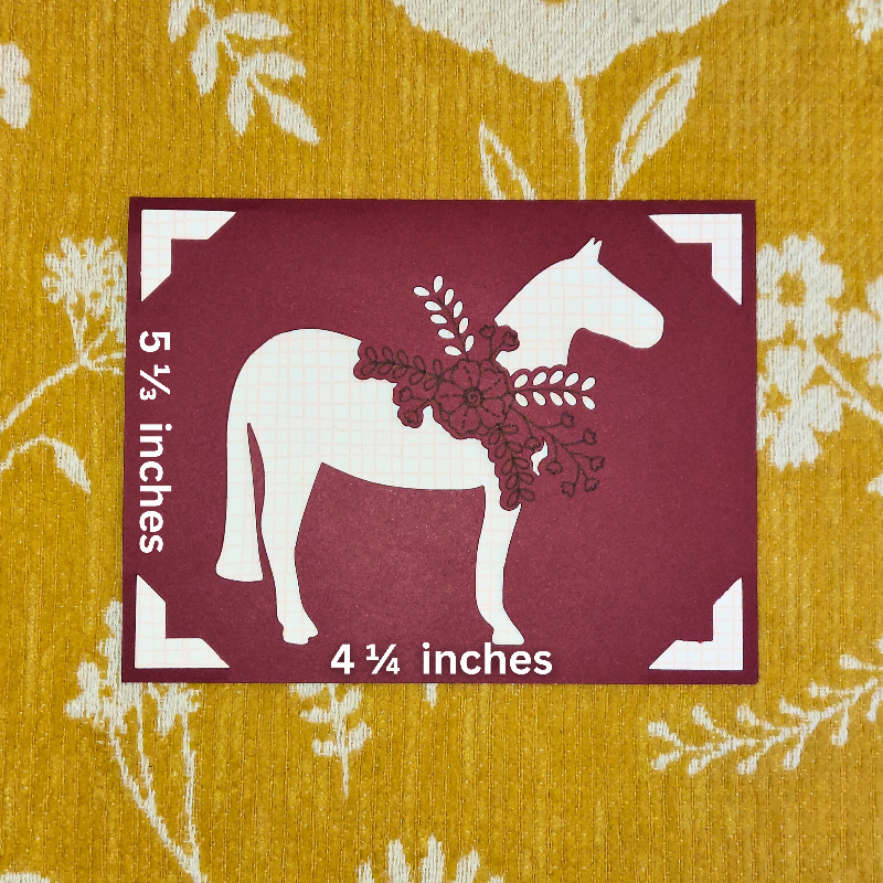 Card with horse design and measurements on a floral background