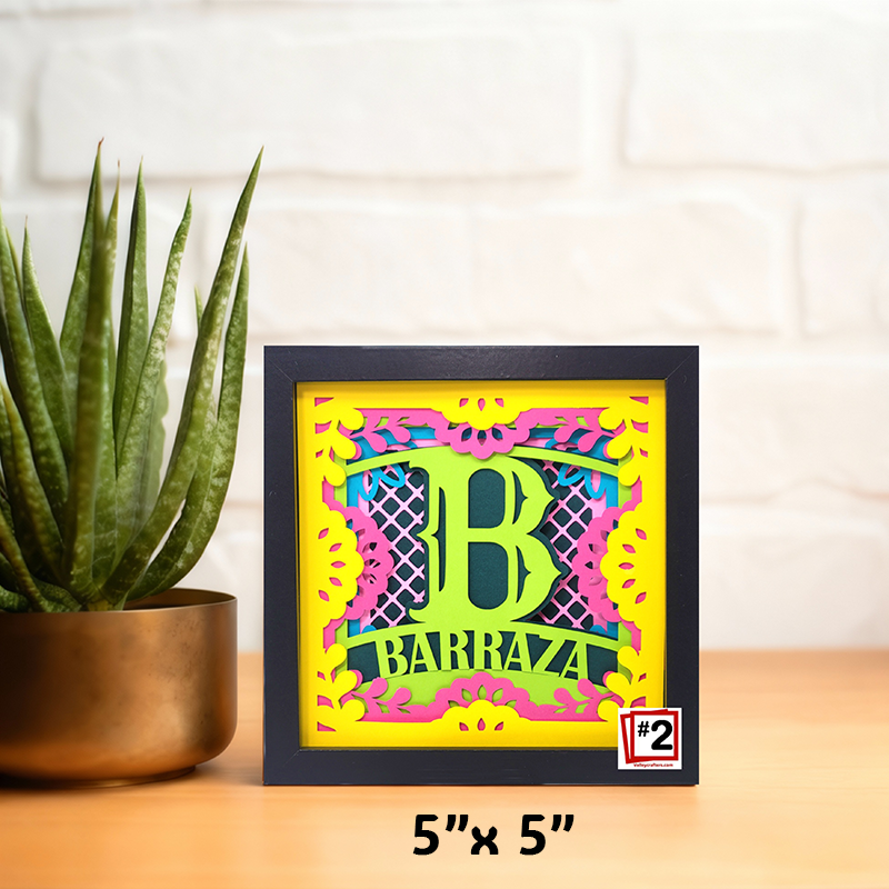 Colorful framed artwork with 'B Barraza' text on a wooden surface with a plant.