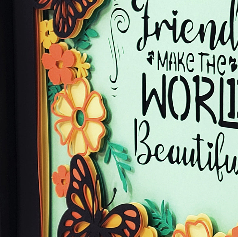 Decorative sign with flowers and butterflies and text 'Friends make the world beautiful' on a light green background.