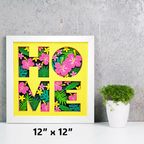 Decorative wall art with floral letters spelling 'HOME' on a yellow background, framed in white.