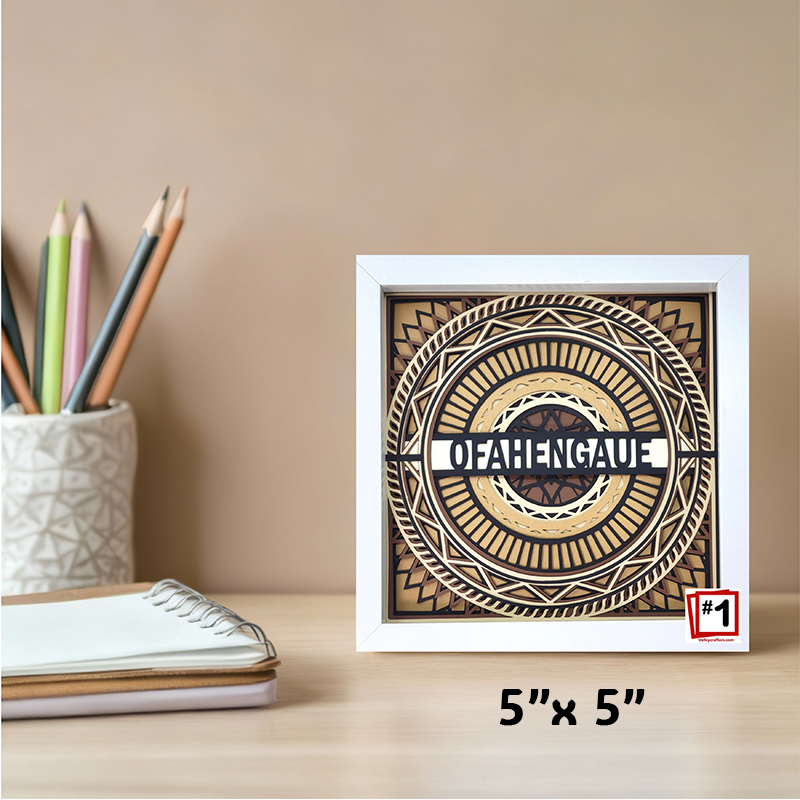 Decorative wall art with geometric design and text on a beige background