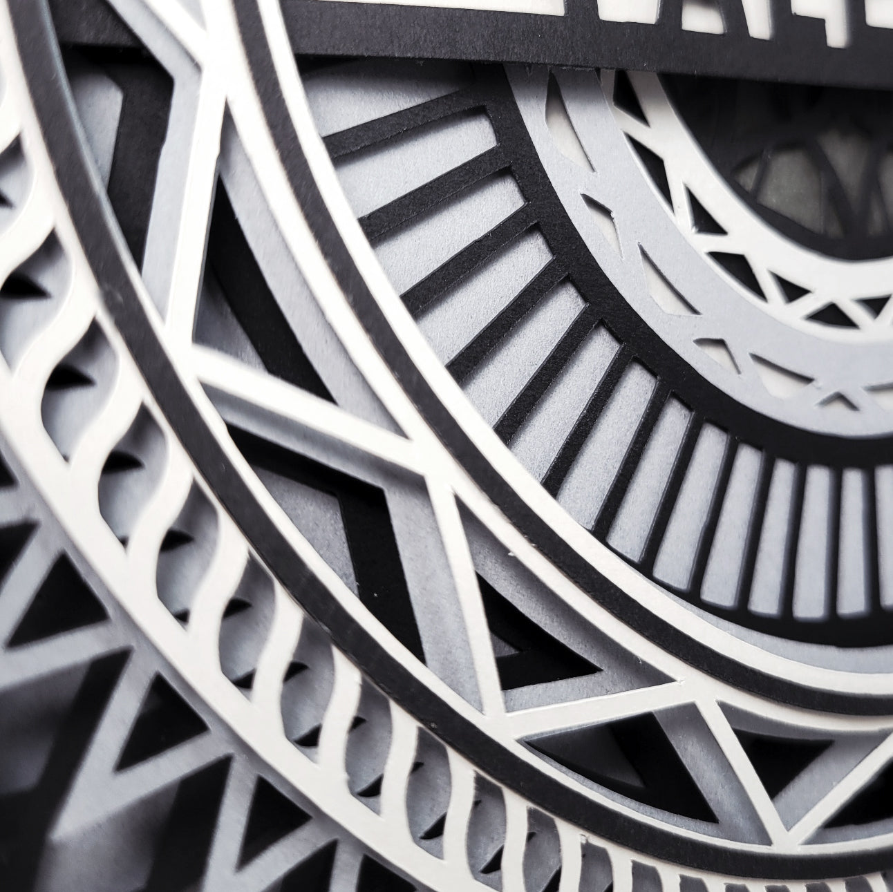 Close-up of geometric circular patterns in black and white