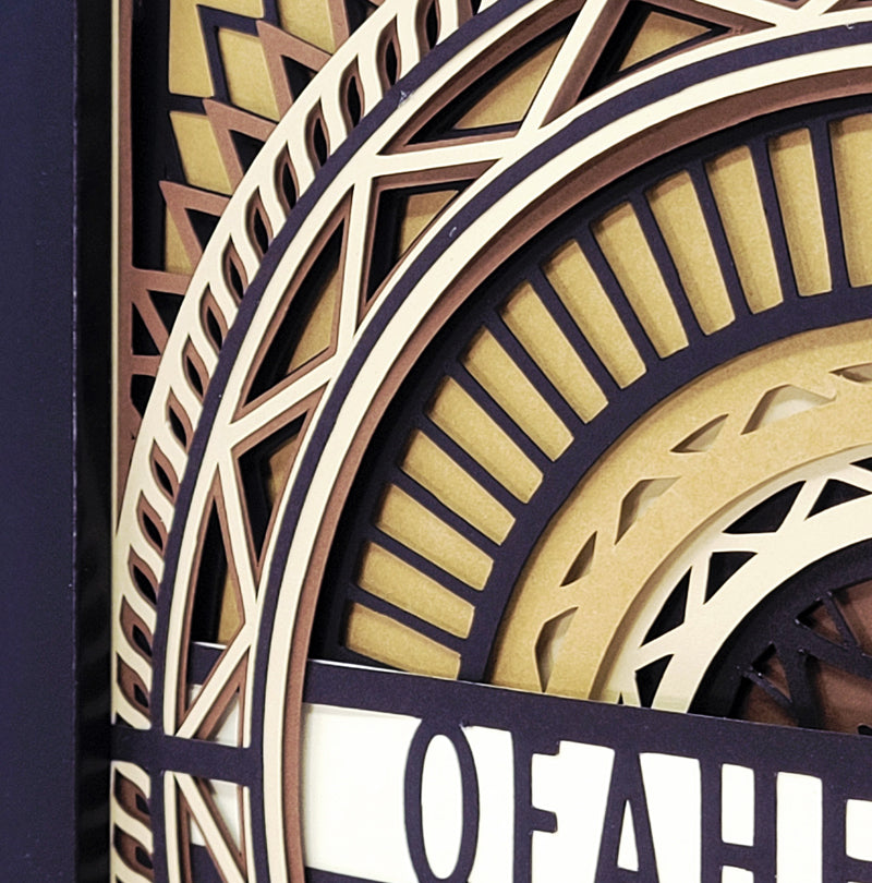 Close-up of a decorative wall clock with intricate design and 'OF AHE' branding.