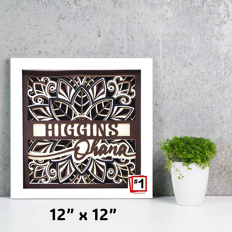 Decorative wall art with 'Higgins Ohana' text on a gray wall with a plant.