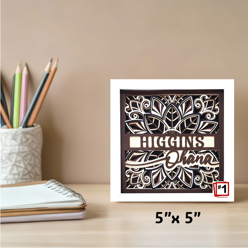 Decorative wall art with 'Higgins' and 'Ohana' text on a desk with stationery items.