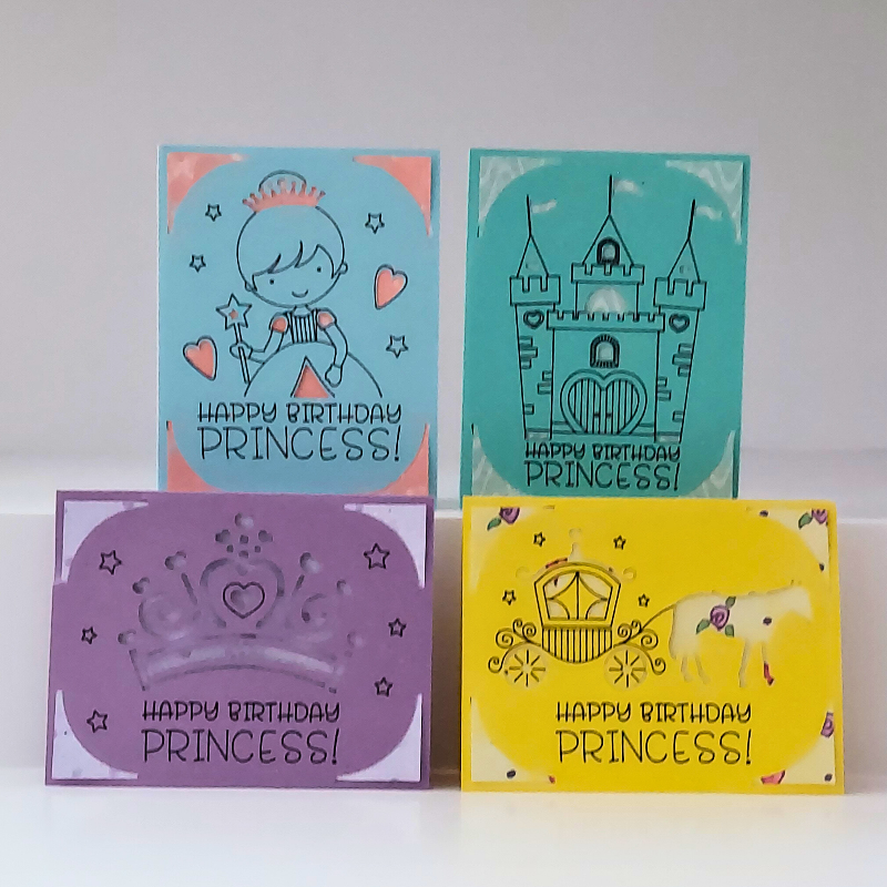 Four 'Happy Birthday Princess!' cards with different designs on a white background