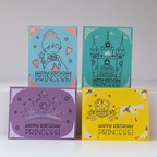 Four 'Happy Birthday Princess!' cards with different designs on a white background