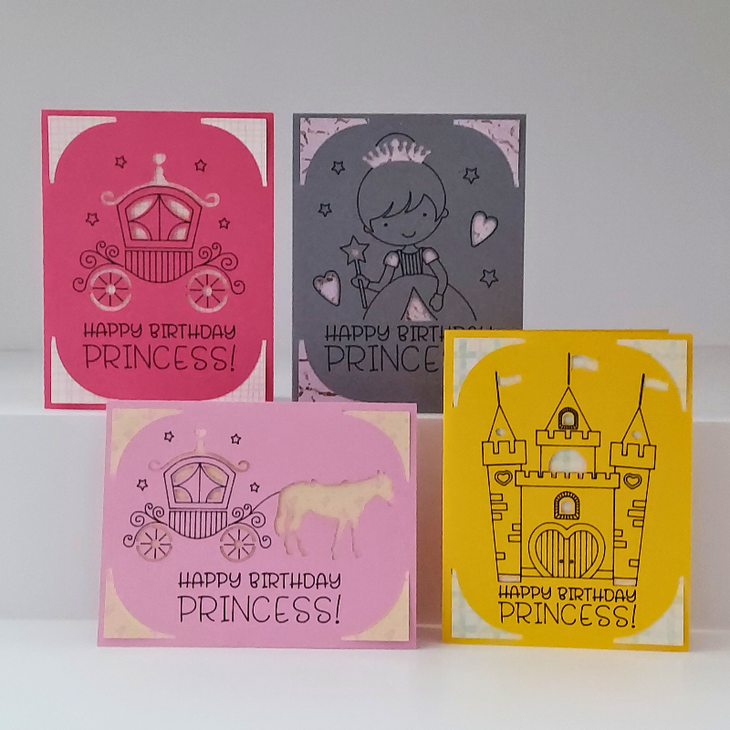 Four 'Happy Birthday Princess!' cards with different designs on a white background.