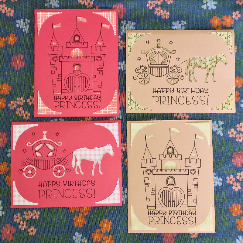 Four 'Happy Birthday Princess!' cards with castle and carriage designs on a floral background.