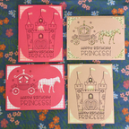 Four 'Happy Birthday Princess!' cards with castle and carriage designs on a floral background.