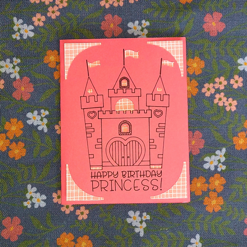 Pink card with castle design and 'Happy Birthday Princess!' text on a floral background