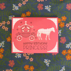 Card with horse and carriage illustration and 'Happy Birthday Princess!' text on a floral background