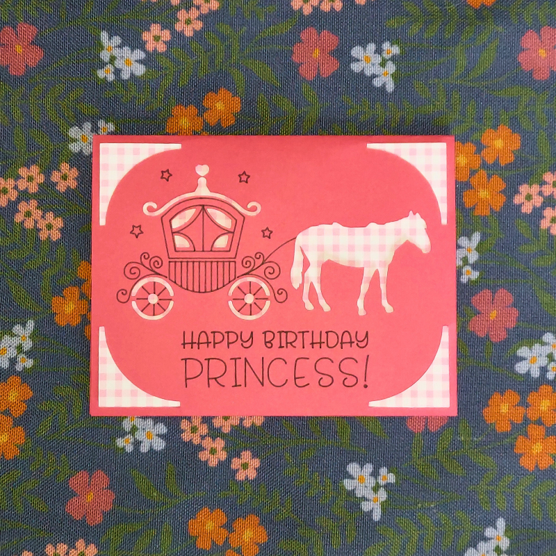 Card with horse and carriage illustration and 'Happy Birthday Princess!' text on a floral background