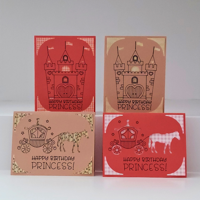 Four 'Happy Birthday Princess!' cards with castle and carriage designs on a gray background.
