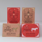 Four 'Happy Birthday Princess!' cards with castle and carriage designs on a gray background.