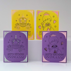 Four 'Happy Birthday Princess!' cards in purple and yellow on a white background