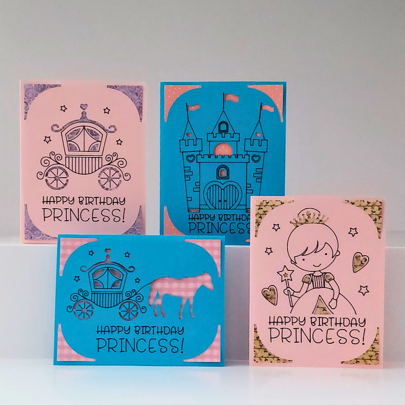 Four 'Happy Birthday Princess!' cards with castle and carriage designs on a white background.