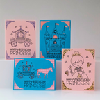 Four 'Happy Birthday Princess!' cards with castle and carriage designs on a white background.