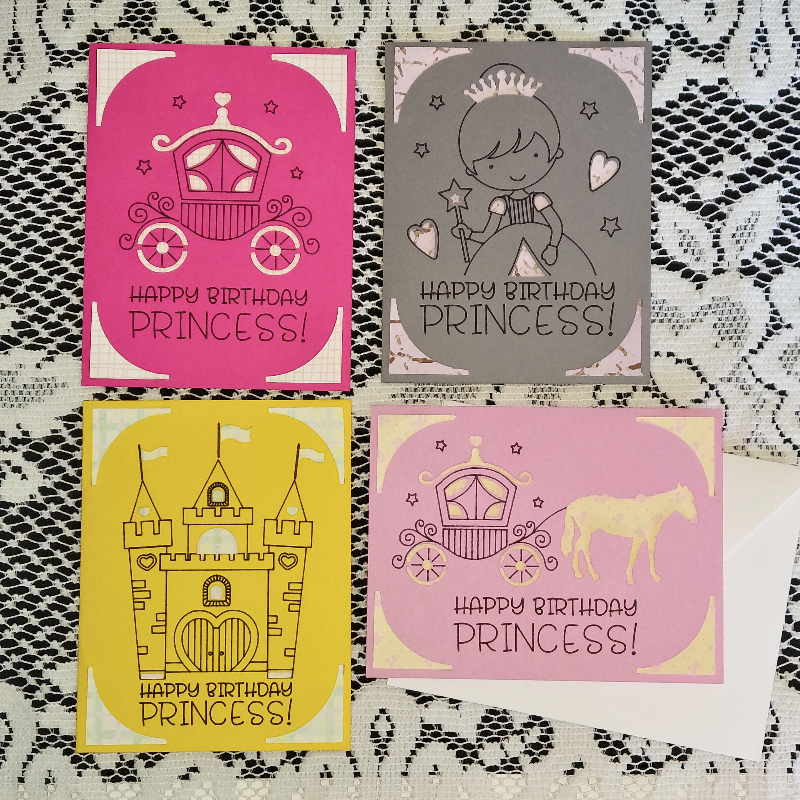 Four 'Happy Birthday Princess!' cards with different designs on a textured surface.