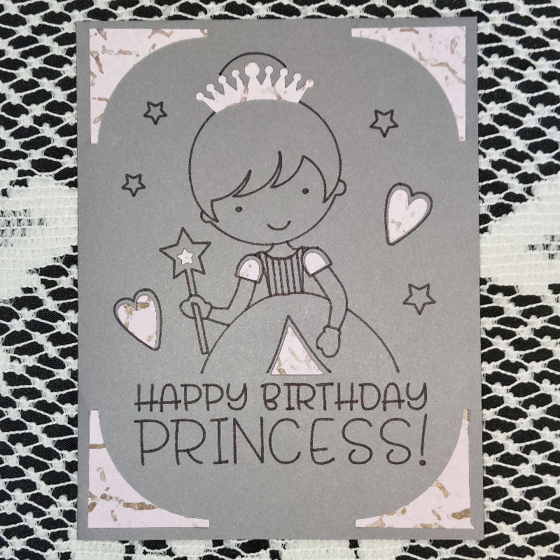 Card with a illustration of a girl in a princess dress and tiara, with 'Happy Birthday Princess!' text on a textured background.