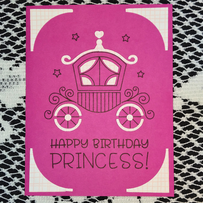 Pink birthday card with a princess carriage design and 'Happy Birthday Princess!' text on a textured background.