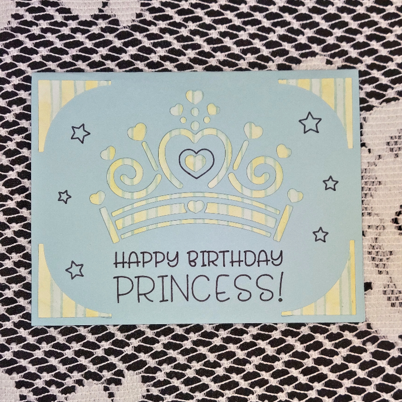 Card with a crown design and 'Happy Birthday Princess!' text on a patterned background