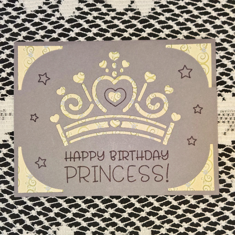 Greeting card with a gold crown design and 'Happy Birthday Princess!' text on a textured background.