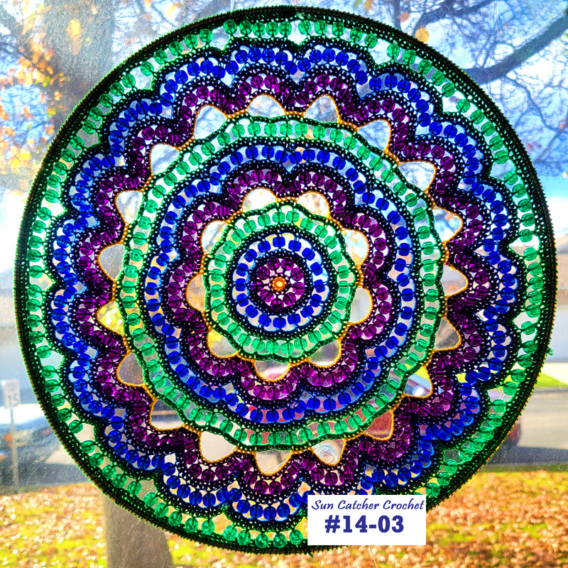 Colorful beaded mandala with a blurred outdoor background