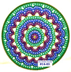 Colorful beaded mandala with a label 'Sun Catcher Crochet #14-03' on a white background