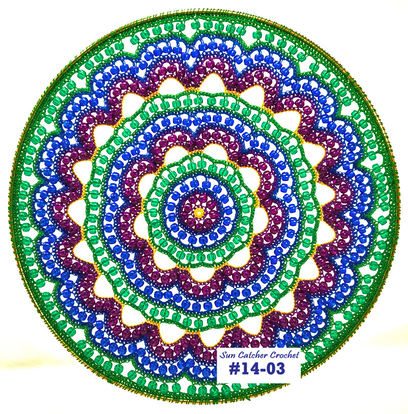 Colorful beaded mandala with a label 'Sun Catcher Crochet #14-03' on a white background