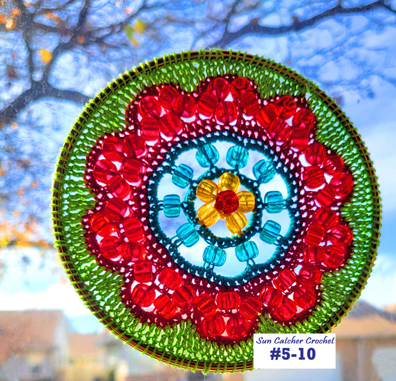 Colorful beaded circular decoration with a blurred outdoor background