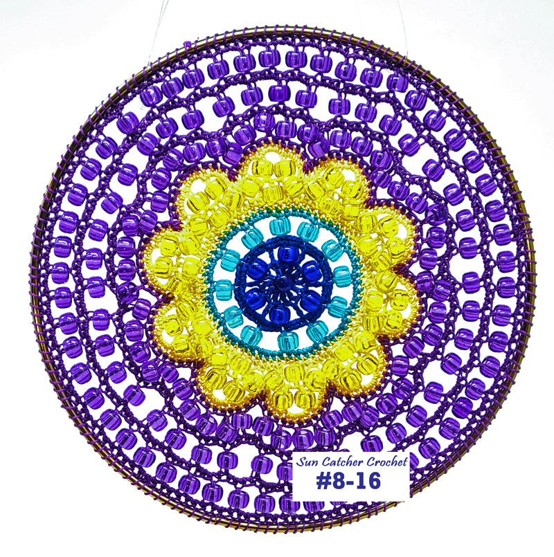Decorative circular item with purple and yellow beaded design on a white background