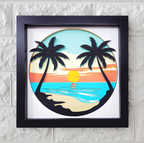 Framed artwork of a tropical sunset with palm trees on a white brick wall.