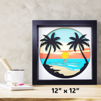 Framed artwork of a tropical sunset with palm trees on a wall.