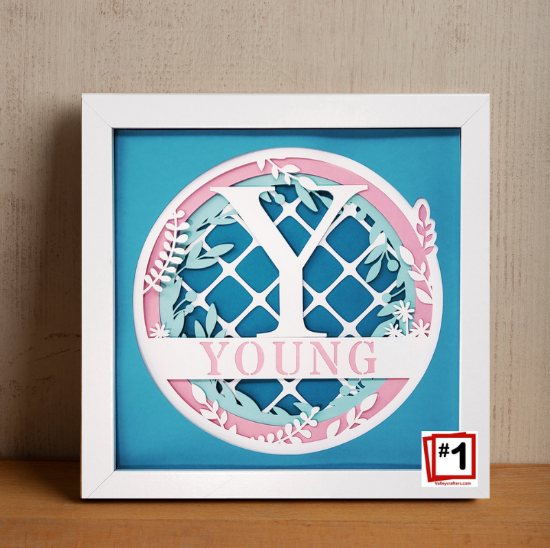 Framed decorative paper cutout with 'YOUNG' text on a blue background