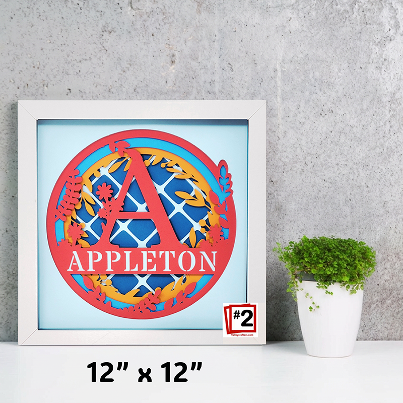 Framed artwork with colorful design and 'Appleton' text on a gray wall background