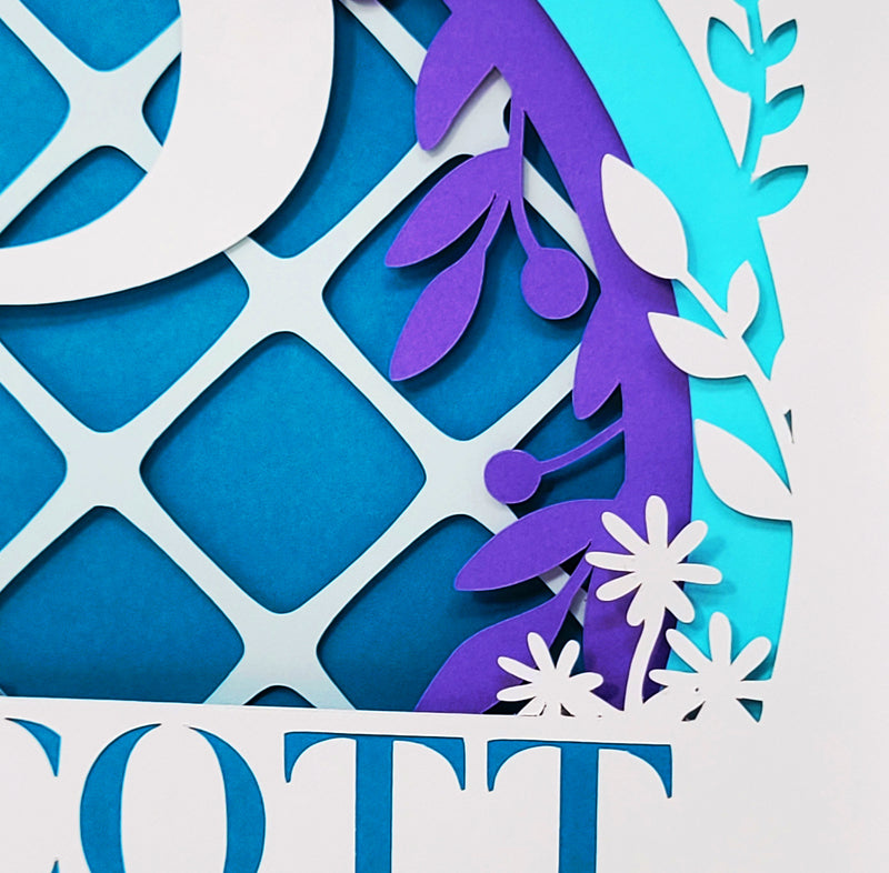 Decorative paper cutout with blue, purple, and white elements on a blue background.
